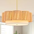 18'' Farmhouse Rattan Chandelier - 2-Tier Flower Boho Pendant Light Fixture with Linen Lampshade, Hanging Rattan Large Drum Chandelier for Dining, Kitchen, Hallway, Living Room