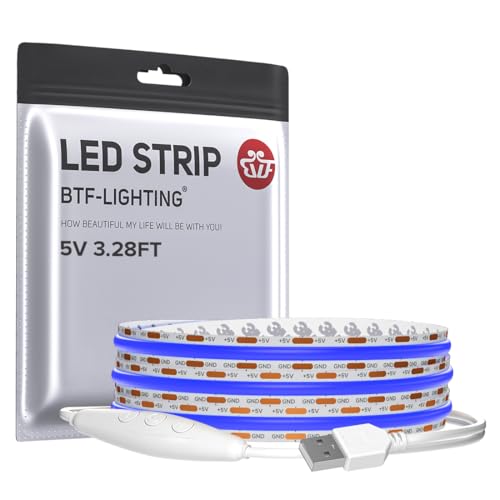 Image of BTF-LIGHTING 5V USB Blue Color COB LED Strip Lights Super Bright Dimmable LED Tape Light,3.28FT 320LEDs Flexible Light Strip with Strong 3M Tape for 3D Printer,TV Backlight,Cabinet,Home Lighting