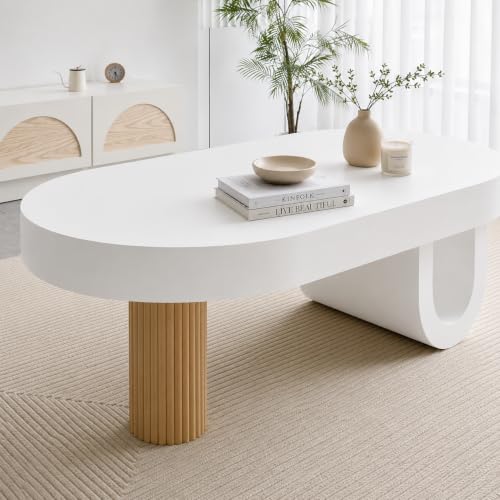 Image of WOODEN SPACE Arcadia Modern Oval Center Table | Designer Coffee Table with Sculptural Base | HDHMR & Wooden Build | Premium Living Room Table