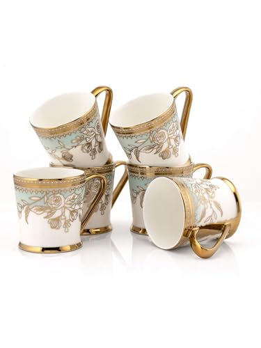 Image of Clay Craft Fine Ceramic Gold Printed Coffee /Tea Cups Set of 6-200 ml Each, Tea Cup Set of 6, Mugs for Coffee, Cups Set of 6, Mug Set, Ideal for Gifting, Perfect for Home and Office (E614)