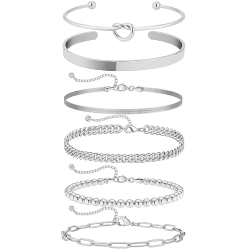 VerLuky 6 Pezzi Bracciale Argento Donna Acciaio Inossidabile Set,Bracciale Regolabile Serpente Twist,Bracciale Catena Impilabile Gioielli Acciaio Inossidabile per Donne Ragazze