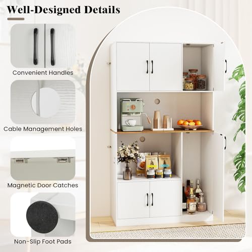 COSTWAY 180cm Tall Kitchen Cupboard, 6-Door Buffet Pantry Storage Cabinet with Built-in Power Outlet & Anti-tipping Device, Freestanding Sideboard Organizer Unit for Dining Room Living Room (White) - Image 7