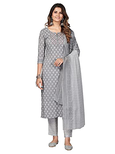 Image of Vbuyz Women's Printed & Embroidered Straight Cotton Stitched Kurta Pant with Dupatta