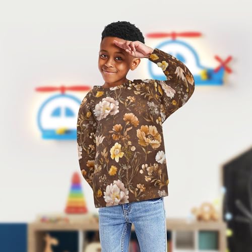 JUNZAN Autumn Flowers Carnation Amaryllis Brown Big Boys Hooded Sweatshirt Crewneck Hoodie for Boys Athletic 4T4