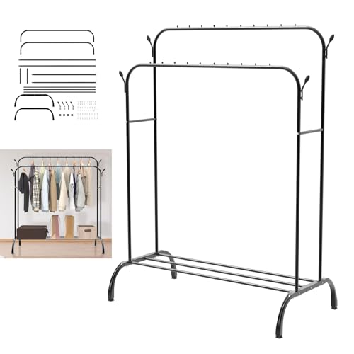 Heavy Duty Clothes Rail, Sturdy 80KG Black Metal Rack With Double Hanging Clothing Shoe Rack, Metal Clothes Rack with Storage Shelves & 4 Coat Hooks, Freestanding Rails For Bedroom, Office, Shop