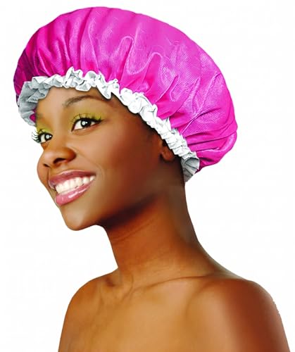 Donna Smooth Satin Bonnet Large - Soft Elastic Band Hair Wrap for Sleeping - Protective Night Cap for Natural Curly Hair and Rollers, 1 Count (HOT PINK)