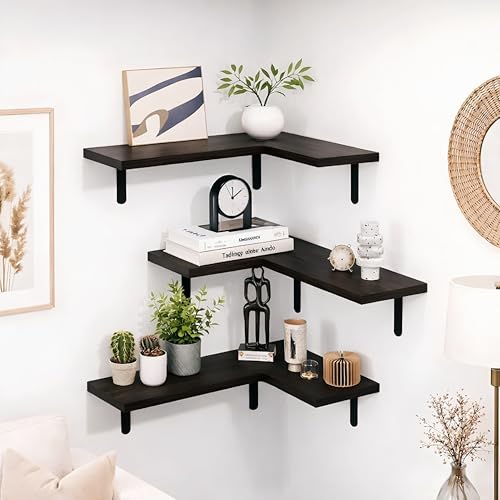 Image of Dime Store Modern Engineered Wood Corner Wall Shelf Set for Living Room & Bedroom - Floating Corner Shelves with Metal Brackets - Storage & Display Shelves for Home Decor, Office & Kitchen (Black)