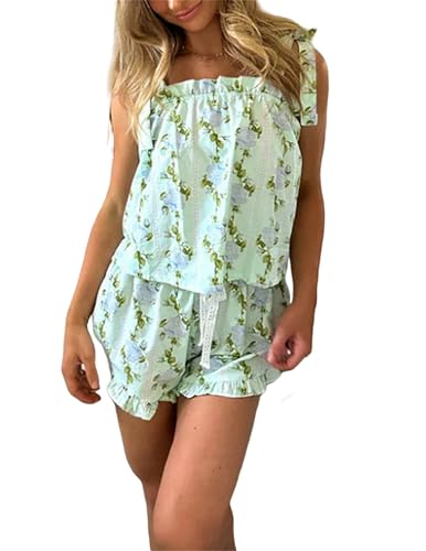 Women Floral Tie Shoulder Pajamas Set Hydrangea Ruffle Bride Pjs Sleeveless Tie Up Tops Shorts Casual Outfits