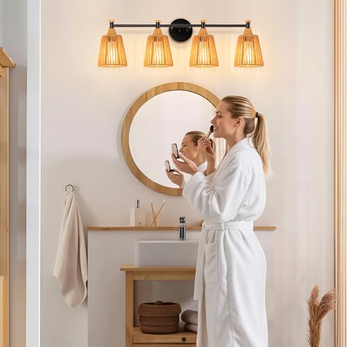 Image of Boho Bathroom Light Fixtures Over Mirror, 4-Light Farmhouse Vanity Lights | Handwoven Rattan Wicker Shades, Rustic Lighting for Bedroom Kitchen Hallway Restroom Bathroom
