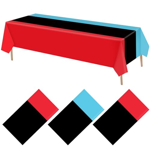 VitalCozy 3 Pcs Plastic Disposable Tablecloths, Blue, Black, Red