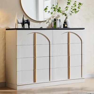 ACCOHOHO Large Dresser for Bedroom with 8 Drawers with Arched Panel,Modern Minimalist Chest of Drawers with Gold Handles,Wood Storage Closet Dressers Tv Stand for Living Room,White