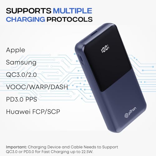 Image of pTron Dynamo Power 20000mAh 22.5W Super Fast Charging, USB Type-C Input Power Bank with Quick Charge & 20W Power Delivery, Built-in Charging Cables, 4 Outputs, Type-C Input /Output Port (Indigo Blue)