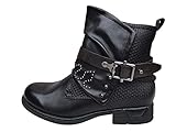 schwarze stiefeletten damen flach  Damen Stiefeletten Biker Boots - Stiefel mit Nieten Blockabsatz - bequeme Herbst Winter Frauen Schuhe Schnallen - ST783 - Schwarz Z006 - Größe 38