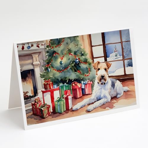 Caroline's Treasures DAC2767GCA7P Fox Terrier Cozy Christmas Greeting Cards Pack of 8 Blank Cards with Envelopes Whimsical A7 Size 5x7 Blank Note Cards