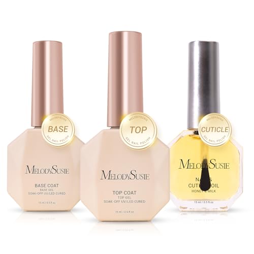 Image of MelodySusie No Wipe Glossy Top Coat Base Coat Cuticle Oil Set Long Lasting Shine Finish Soak Off UV LED Nail Lamp Nail Art Design Manicure Kit Perfect Gifts for Women Girls 3 Pcs 15ml