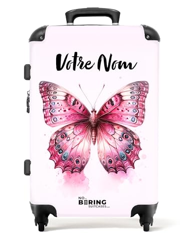NoBoringSuitcases.com Valise Enfant, Grande Valise, Valise Personnalisable, Valise Enfant Fille, Bagages Enfant, Serrure TSA, Valise 23kg, Suitcase, Valise Grande Taille (67cm - 72L) (Papillon - Rose)