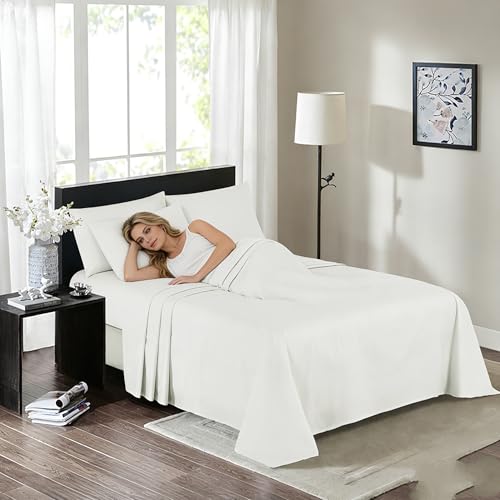 Image of 100% Cotton Percale Sheets Full Size - 200 Thread Count, Breathable & Crisp Cool, Deep Pocket up to 17 inch Fitted Sheet, 4-Piece Bedding Set Hotel-Luxury Feel Bed Sheet Set(Ivory, Full)