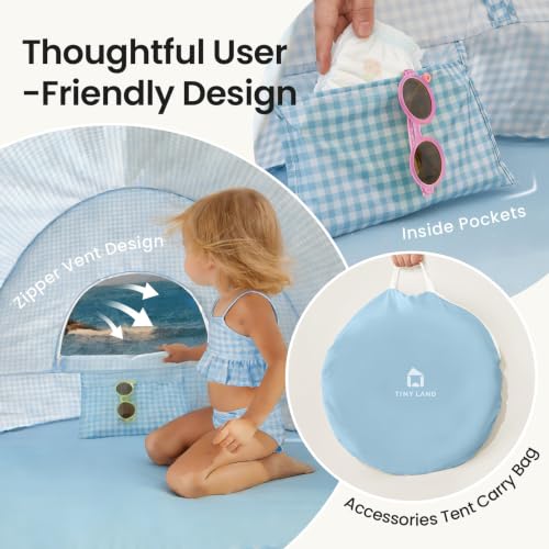 Image of Tiny Land Baby Beach Tent - Pop Up Baby Tent with UV Protection, Portable Baby Beach Essentials, 35.4 inchx27.6 inchx31.5 inch Sun Shelter for Infants, Baby Summer Outdoor Use (Light Blue Gingham)