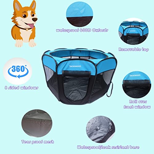 Tecageaon Portable Foldable Pet Playpen Exercise Pen Kennel Tent Carrying Case Indoor Outdoor Water-Resistant Removable Shade Cover For Puppies Kittens Cats Small Dogs (Blue) #TOP2