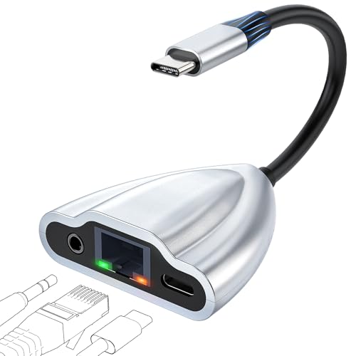 CIXUN USB C Hub Multiport Adapter, 4 in 1 USB C Spliter to 3.5mm Audio, 1Gbps RJ45 Ethernet and Type C Adapter Supporting 60W PD Charging & 480Mbps Transfer, Dongle for Laptop/Mac/Phone/Switch(Silver) by CIXUN - Used condition - US$10.92