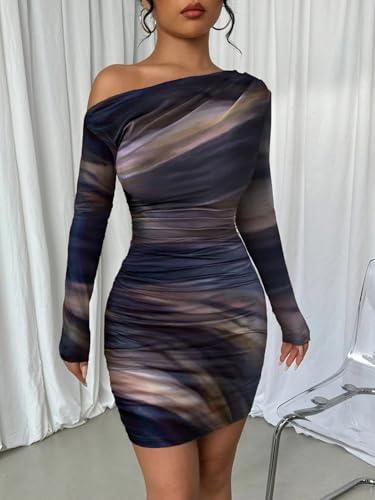 Women's Sexy Off The Shoulder Bodycon Mini Dress Tie Dye Long Sleeve Ruched Asymmetrical Club Dresses3