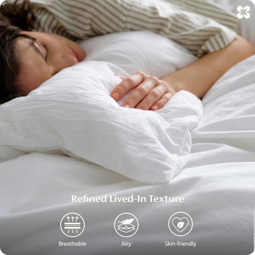 Image of Bedsure PureWoven 100% Washed Cotton Duvet Cover Only, Queen, Bright White | 1 Duvet Cover, No Pillow Shams, Linen Like Textured, Lightweight & Breathable for All Seasons, Zipper Closure, 8 Corner Ties