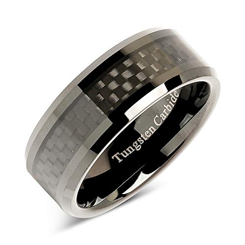 100S JEWELRY 8mm Tungsten Carbide Ring Carbon Fiber Inlay Black Plated Wedding Band Size 6-162