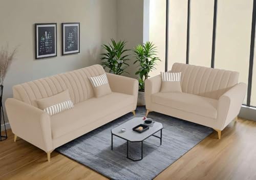 Image of Adorn India Premium Luster 3-2 Sofa Set | Velvet Suede Fabric | 3-Year Warranty | Color Cream with Golden Legs & Striped Pattern Cushion