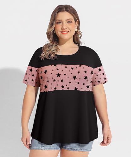 Image of CARCOS Plus Size Tops for Women Short Sleeve Summer Pullover Color Block Crewneck /V Neck Tee Tunic Loose Fit Tshirts XL-5XL