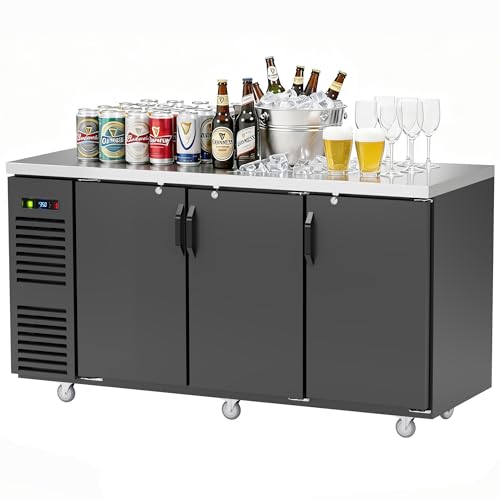 Image of Coolake 72 inch W Commercial Back Bar Cooler with Stainless Steel Top, 20.3 Cu.Ft Counter Height Beverage Refrigerator, Solid Door Beer Fridge with Led Lighting for Restaurant Buffet Basement Cafe