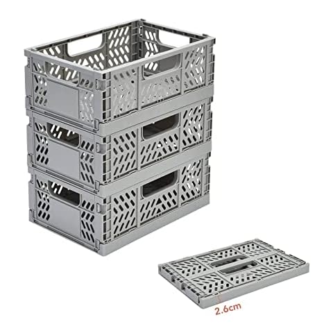 FairyHaus Storage Box, Set of 3, Plastic Sturdy Folding Basket, Storage Basket, Foldable Storage Boxes, Plastic, Grey Cover