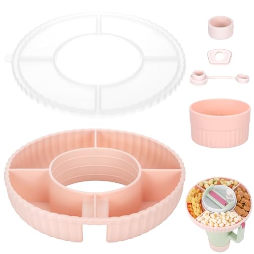 Hejo Silicone Snack Tray Compatible for Stanley Cup 40oz 4 Compartments Snack Tray with Lid Bottom Grip & Straw Cover Caps Accessories Kit for Stanley Cup for Car Home Party(Pink)