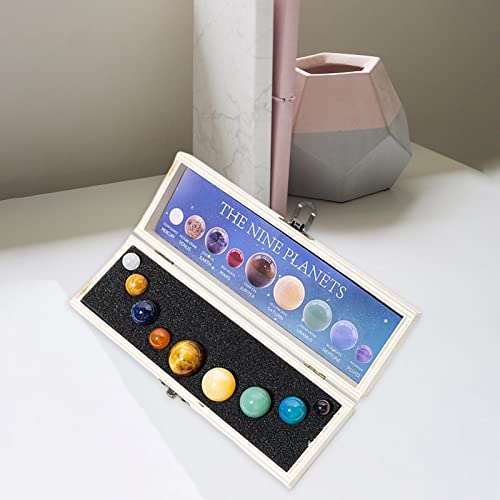 Amagogo 9 X 9 Planeten Solar Deko Edelsteine Kugel Set, Set Aus Natürlichen Edelsteinen, Handarbeit Schreibtisch-Planeten, Kristalle mit Holzkiste, Kreative Geschenk Deko für Den Schreibtisch