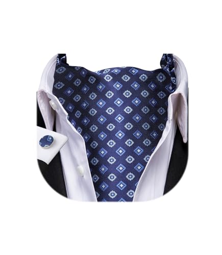 Dubulle Blue Ascot Set for Men Checks Paisley Floral Self Tie Mens Cravat and Pocket Square Cufflinks Wedding