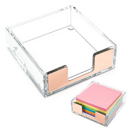 Vin Beauty Clear Acrylic Sticky Note Holder 4 x 4 Inch Post Note Pad Holders Gold Memo Dispenser Case Notepad Holder Storage Desk Supplies Organizer Accessories for Office Home Schools
