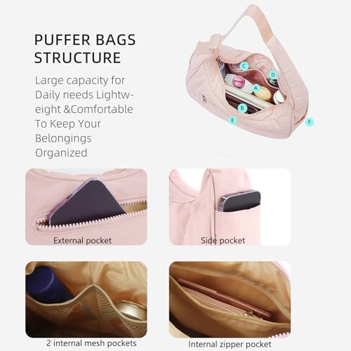 Image of Small Puffer Bag, Crescent Shoulder Bag for Women,Nylon Quilted Tote Handbags with Adjustable Strap (Pink)