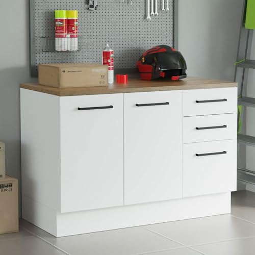 Madesa Heavy-Duty Garage and Utility Room Base Storage Cabinet with 2 Doors and 3 Drawers Storage Shelves 47 Inch Wooden Organization Unit - White