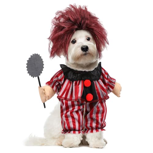 Huhumy 2 Pcs Halloween Dog Clown Costume Red Striped Cosplay Outfit with Wig for Medium Dogs Funny Pet Costume for Halloween Dress up Party