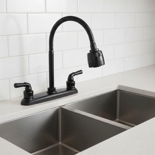 Image of RV Kitchen Faucets,Flexible Spout RV Kitchen Sink Faucet Replacement with Two Handle-8 inch Main Body,High Arch-360 Swivel Replace for RV Home Campers Motorhomes Travel Trailers,Black