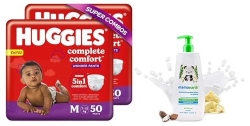 Image of Huggies Wonder Pants, Medium Size Diapers (7-12 kg), Combo Pack of 2, 50 Counts Per Pack, 100 Counts & Mamaearth Daily Moisturizing Natural Baby Lotion (400 ml)