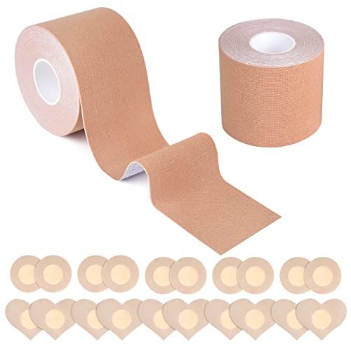 ELECLAND 2 Rollen Brustband und 20 Stück Brustwarzenabdeckungen, selbstklebendes BH-Band, atmungsaktive Bruststraffungsabdeckung, Körperband, Brustwarzenabdeckungen für Frauen Cover