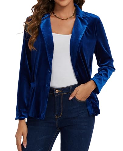 MINTLIMIT Women's Velvet Blazer Notched Lapel Button Front Suit Jacket Loose Fitting Tailored Jacket Coat with Pockets,M,Royal Blue