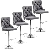 Cinxzar Velvet Bar Stools Set of 4, Swivel Counter Height Bar Stools with Nailheads Trim and Button, Adjustable Barstools for Kitchen Island, Pub, Club (Grey)