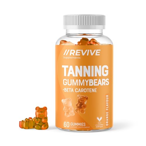 Revive Supplements Tanning Gummies with Beta Carotene, Tanning Accelerator and Vitimin D – 60 Gummies per Tub (Natural Orange Flavoured) Vegan Friendly