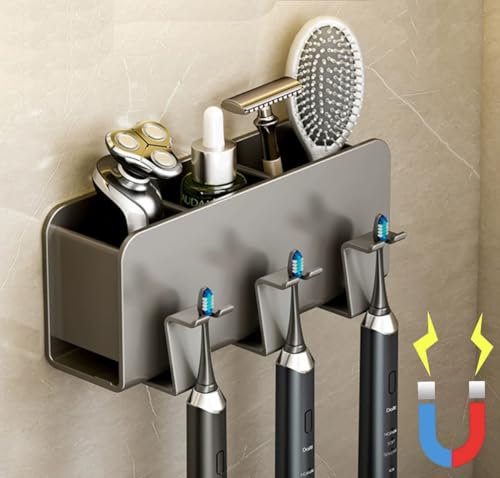 KAIXUANMAN マグネット 歯ブラシホルダー 電動歯ブラシスタンド マグネット 歯ブラシ立て 電動歯ブラシホルダー チューブスタンド ハミガキ 一括収納 多機能 バスルーム 浴室収納 3連 グレー
