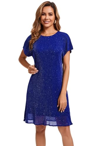 Image of Women's Crewneck Sequin Shift Dress Short Sleeve Casual Holiday Sparkly Party Dress