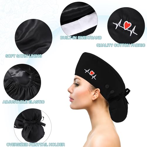 Image of 8 Pcs Satin Lined Scrub Caps, Nurse Hats with Buttons Sweatband, Adjustable Ponytail Surgical Caps for Women