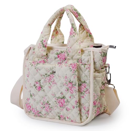 Bolso tote acolchado floral pequeño para mujer