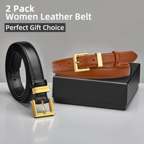 2 Pack Women's Leather Belts for Jeans Pants Dresses Fashion Ladies Wasit Belt with Square Golden Buckle 5