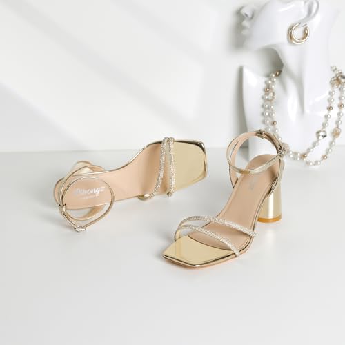 Image of RIBONGZ Block Heels Prom Heeled Sandals for Women Chunky Square Open Toe Strappy High Heels Ankle Strap Wedding Bridal Shoes High Heel Sandals for Party Dress